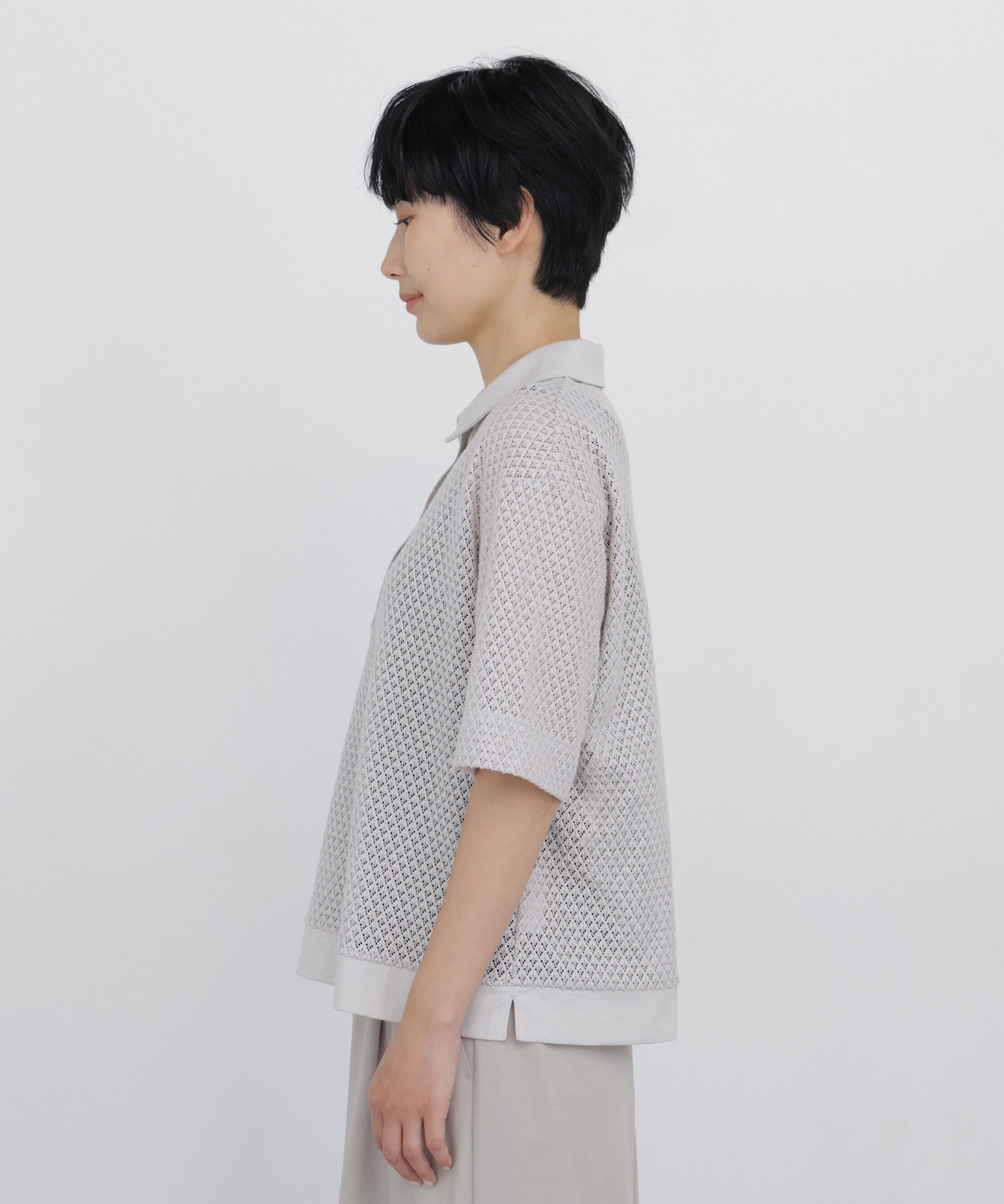  「◆≪清涼アイテム / 洗える≫ リーフ格子レース　ポロＴシャツ」|Tシャツ・カットソー|