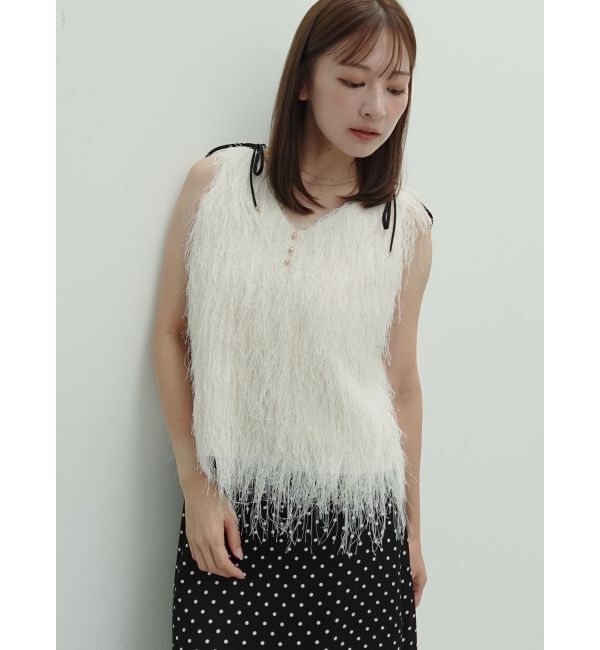 LAGUNAMOON「フェザーVネックリボントップス」|Tシャツ・カットソー|