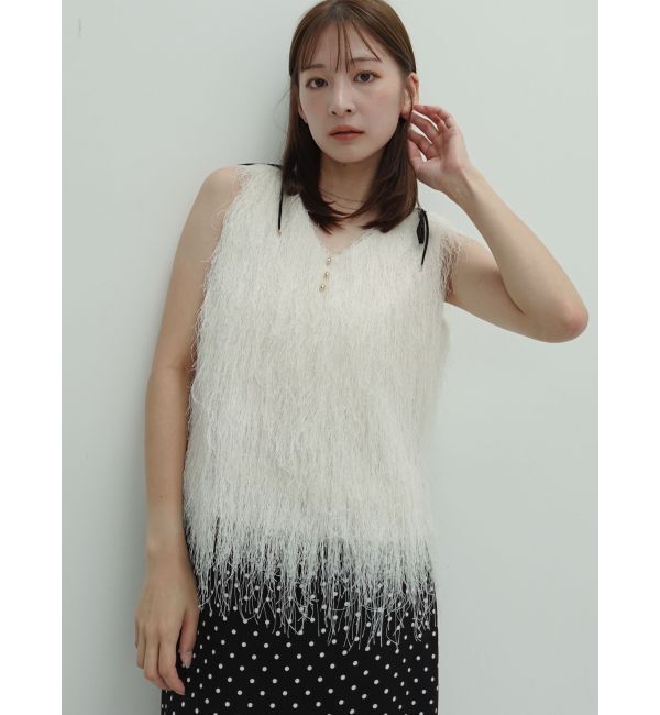 LAGUNAMOON「フェザーVネックリボントップス」|Tシャツ・カットソー|