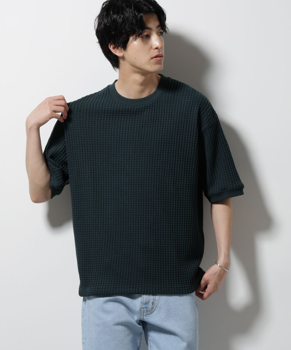 NANO universe「オニワッフルビッグTシャツ 五分袖」|Tシャツ・カットソー|D.グリーン1