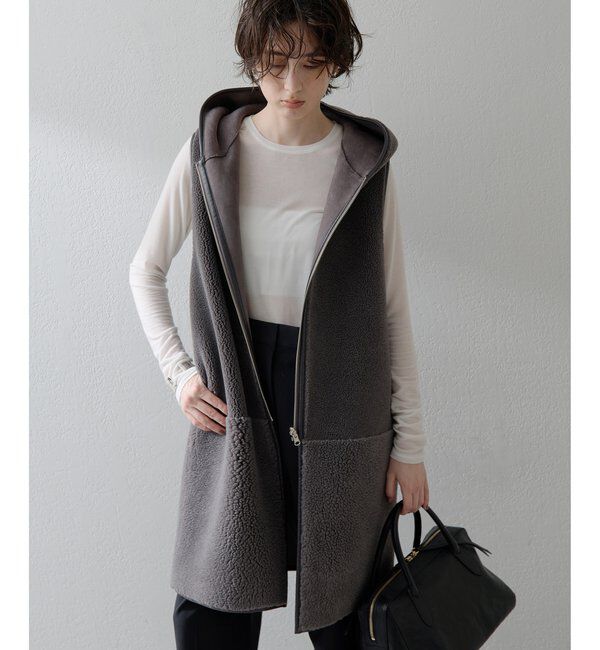 THE PAUSE「＜WEB限定カラーあり＞【THE PAUSE】ボアフードロングジレ」|ベスト・ジレ|チャコールグレー