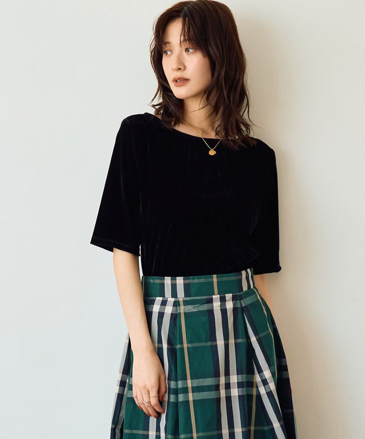 YECCA VECCA「5分袖ベロアトップス」|Tシャツ・カットソー|Black