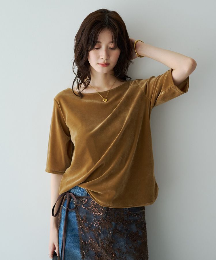 YECCA VECCA「5分袖ベロアトップス」|Tシャツ・カットソー|