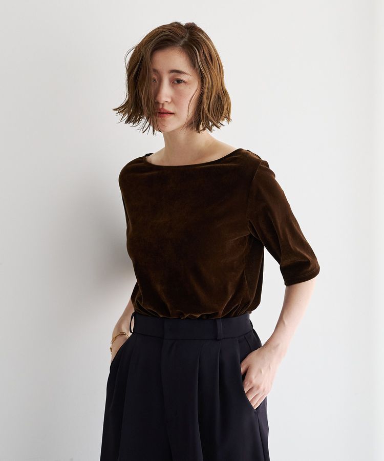 YECCA VECCA「5分袖ベロアトップス」|Tシャツ・カットソー|