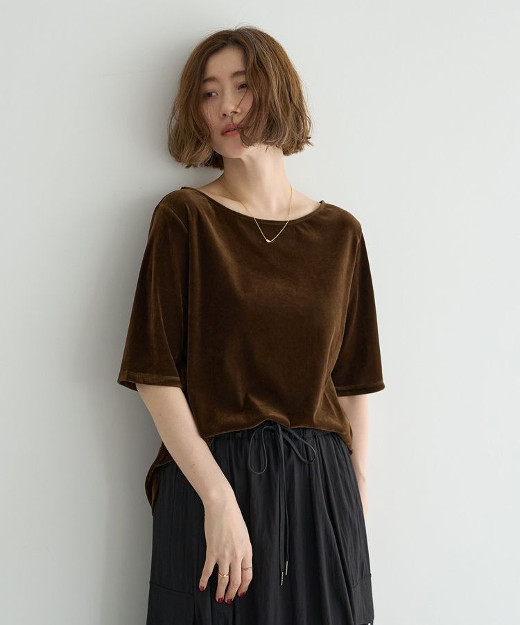 YECCA VECCA「5分袖ベロアトップス」|Tシャツ・カットソー|