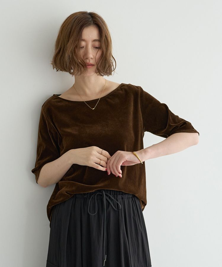 YECCA VECCA「5分袖ベロアトップス」|Tシャツ・カットソー|