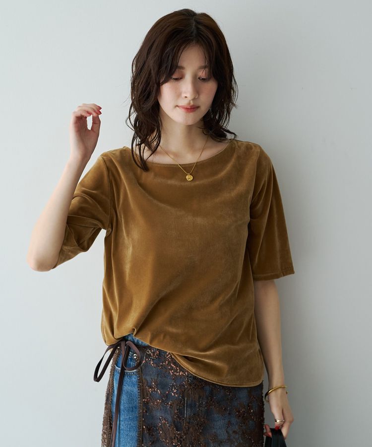YECCA VECCA「5分袖ベロアトップス」|Tシャツ・カットソー|