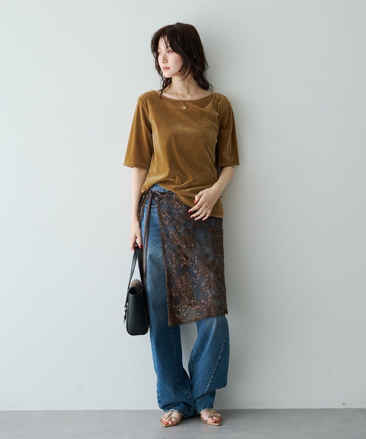 YECCA VECCA「5分袖ベロアトップス」|Tシャツ・カットソー|