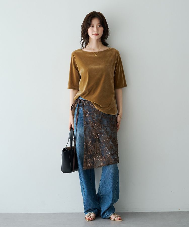 YECCA VECCA「5分袖ベロアトップス」|Tシャツ・カットソー|