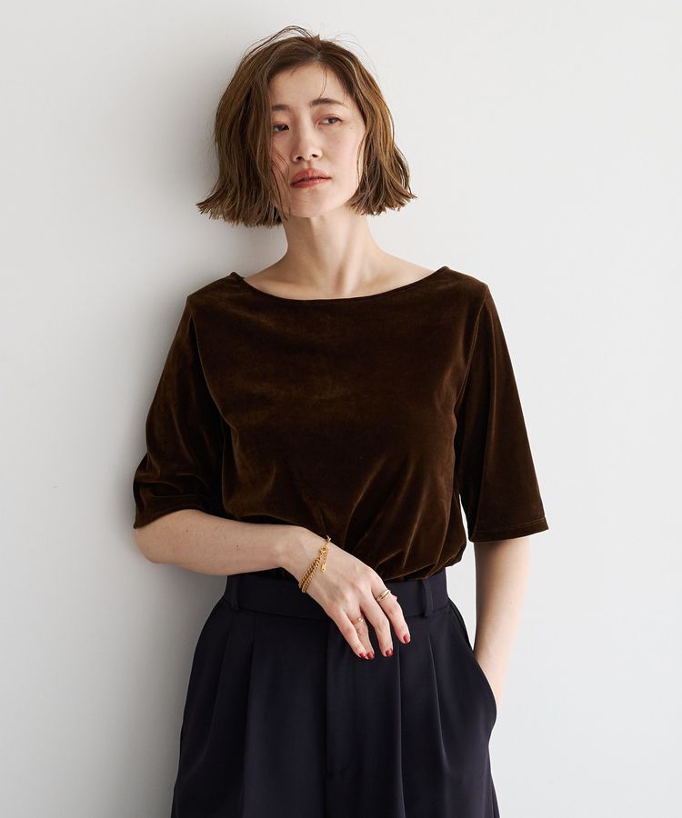 YECCA VECCA「5分袖ベロアトップス」|Tシャツ・カットソー|Brown
