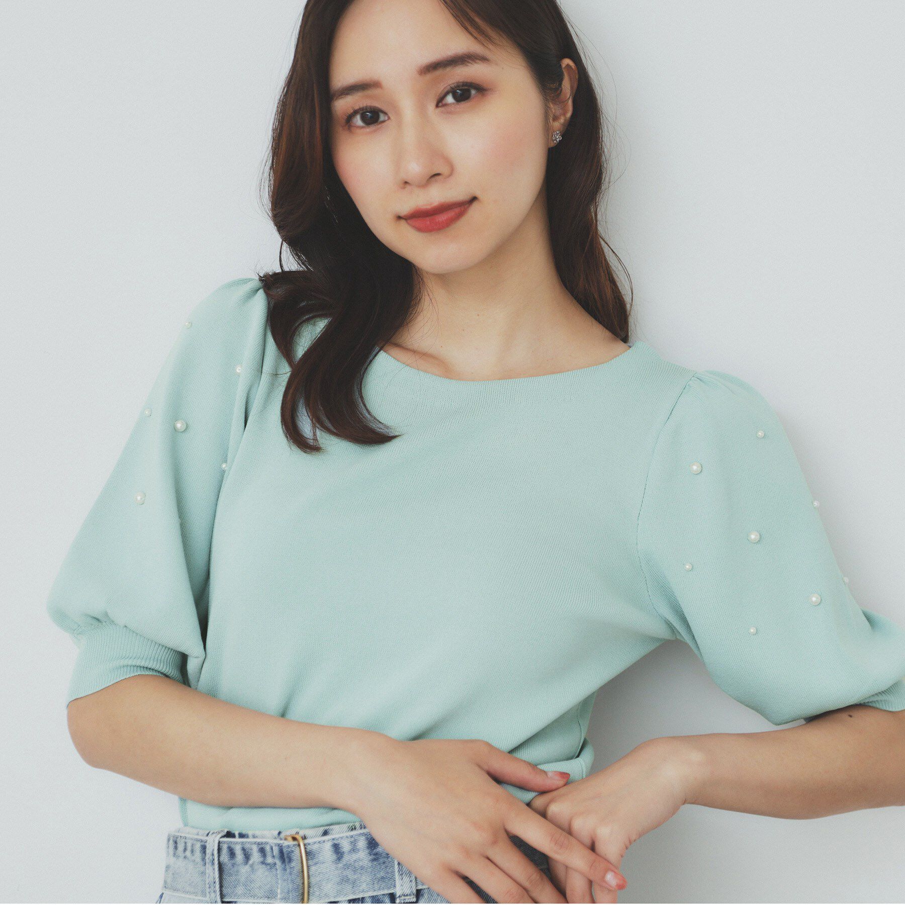 index「ドライタッチ パール調パフスリーブニット【洗濯機洗い可／UVケア／抗ピル／接触冷感】」|ニット・セーター|ミントグリーン(02