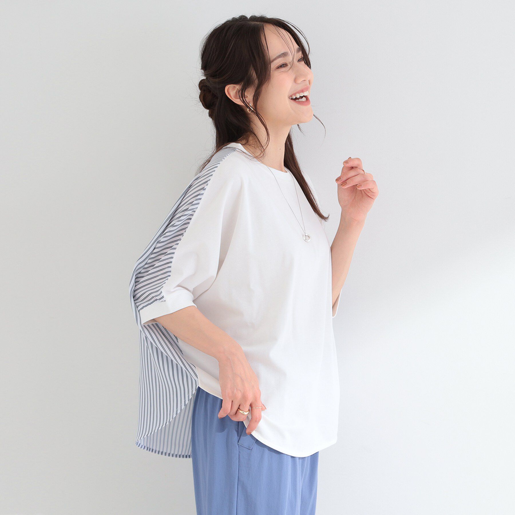SHOO･LA･RUE「【ひんやり/体型カバー/洗濯機可】二の腕隠れる 前後切替ドルマンTシャツ」|Tシャツ・カットソー|