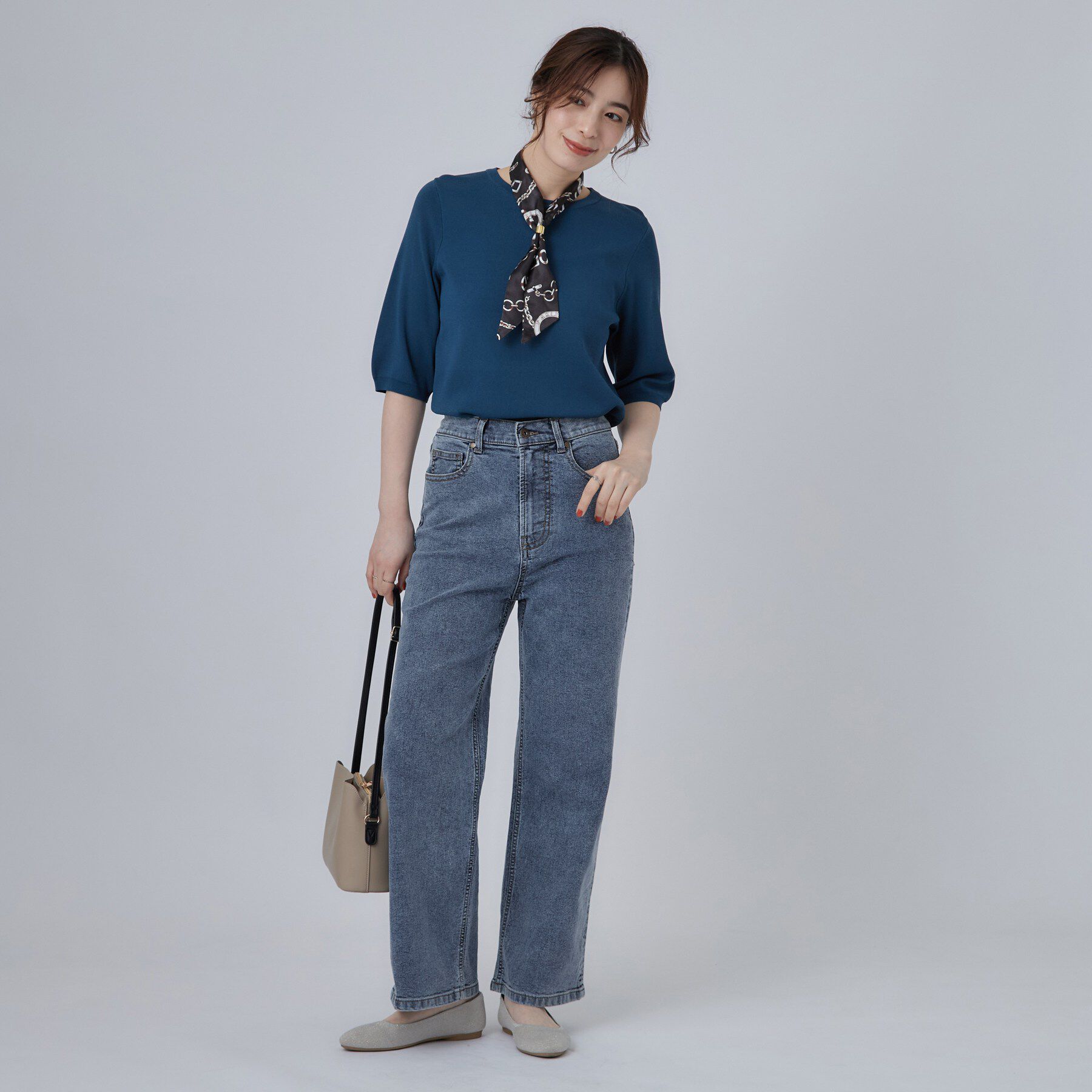 SHOO･LA･RUE「【S-LL/ストレッチ/色落ちしにくいネイビー】脚がまっすぐきれいに見える ワイドストレートデニムパ」|デニム|