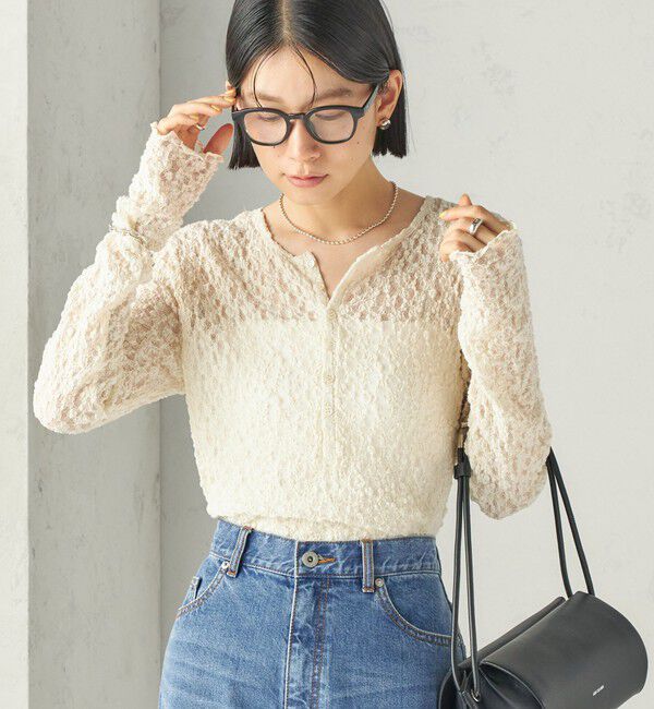 SHIPS for women「〈手洗い可能〉シュリンク レース ヘンリーネック 2WAY プルオーバー」|Tシャツ・カットソー|オフホワイト