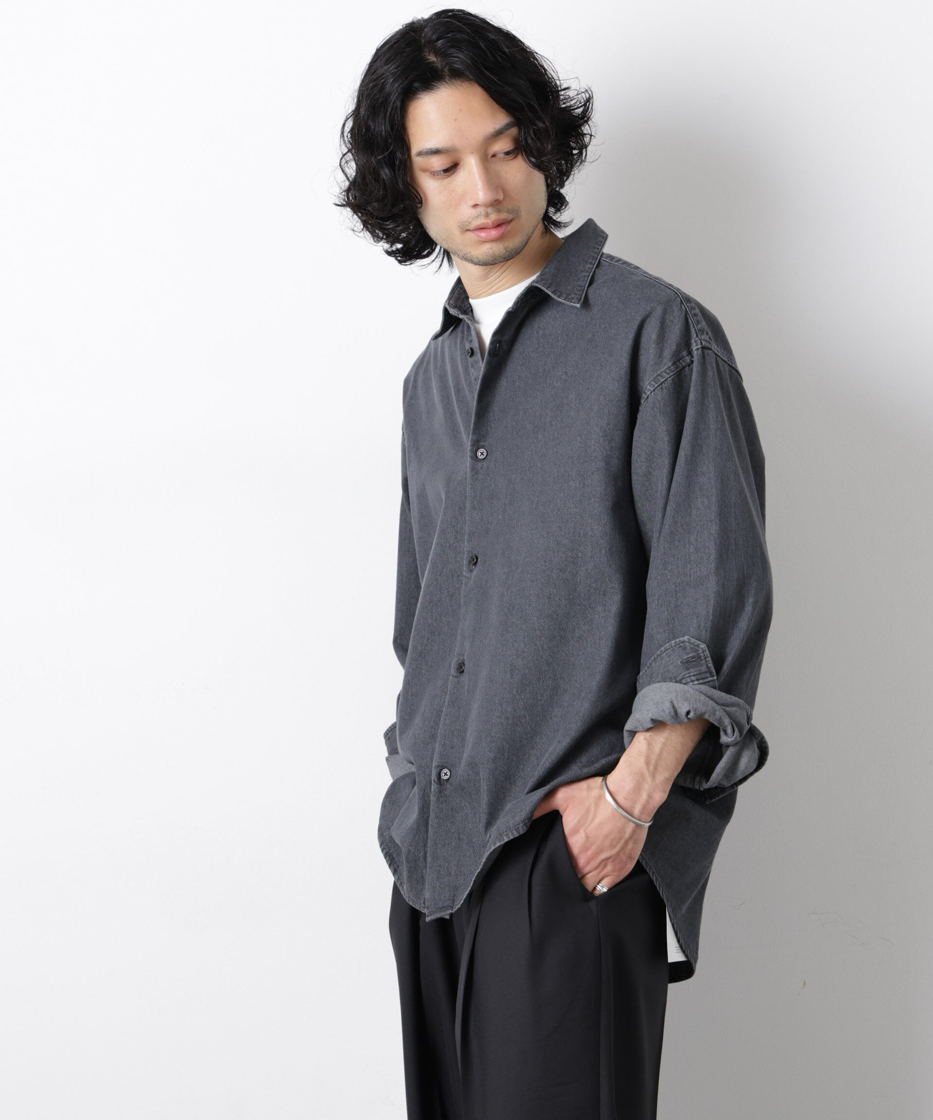 nano･universe「｢OtoNANO｣大人のワイドシャツ デニムシャツ 長袖」|シャツ・ブラウス|ブラック