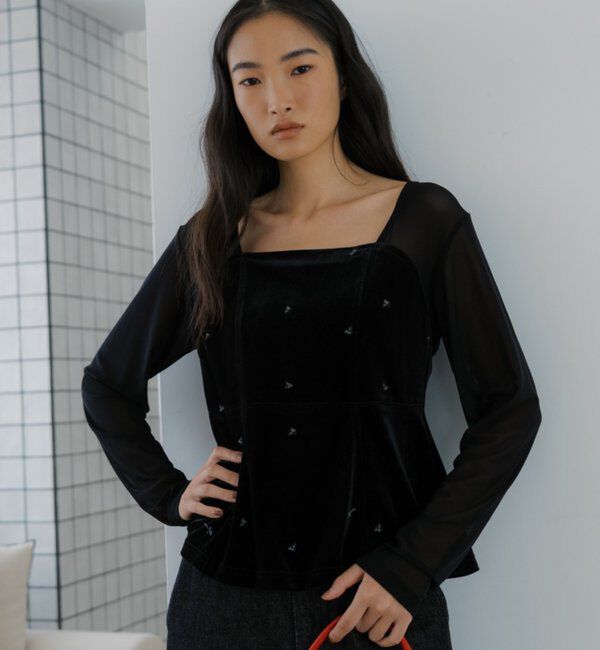  「ベロア刺繍ペプラムトップス」|Tシャツ・カットソー|ブラック