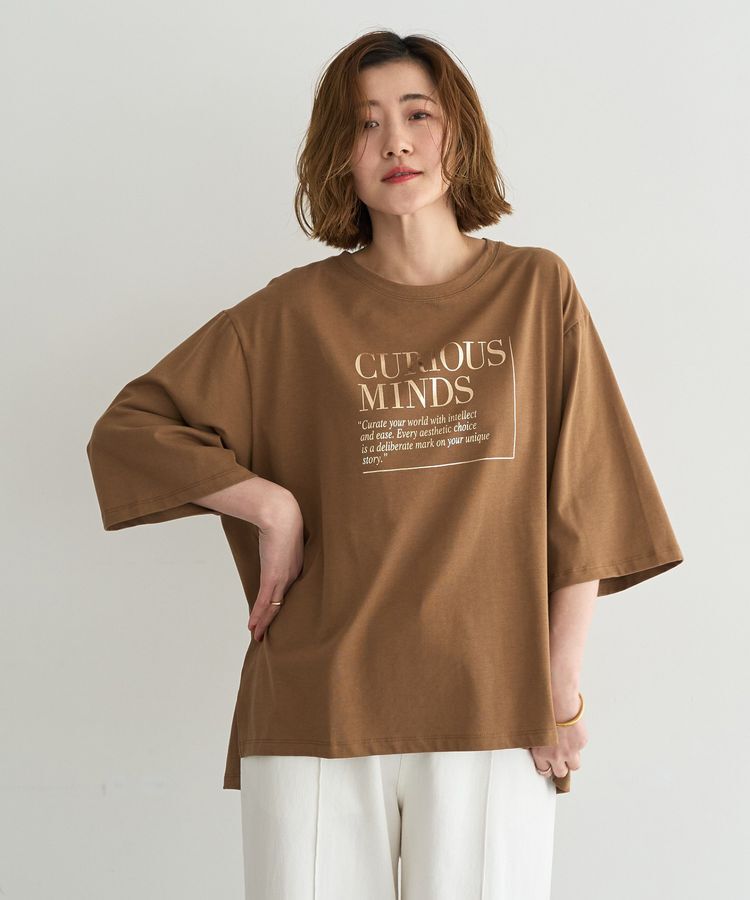 Editt by YECCA VECCA「【UVカット】ワイドスリーブ箔プリントTee」|Tシャツ・カットソー|Dark beige