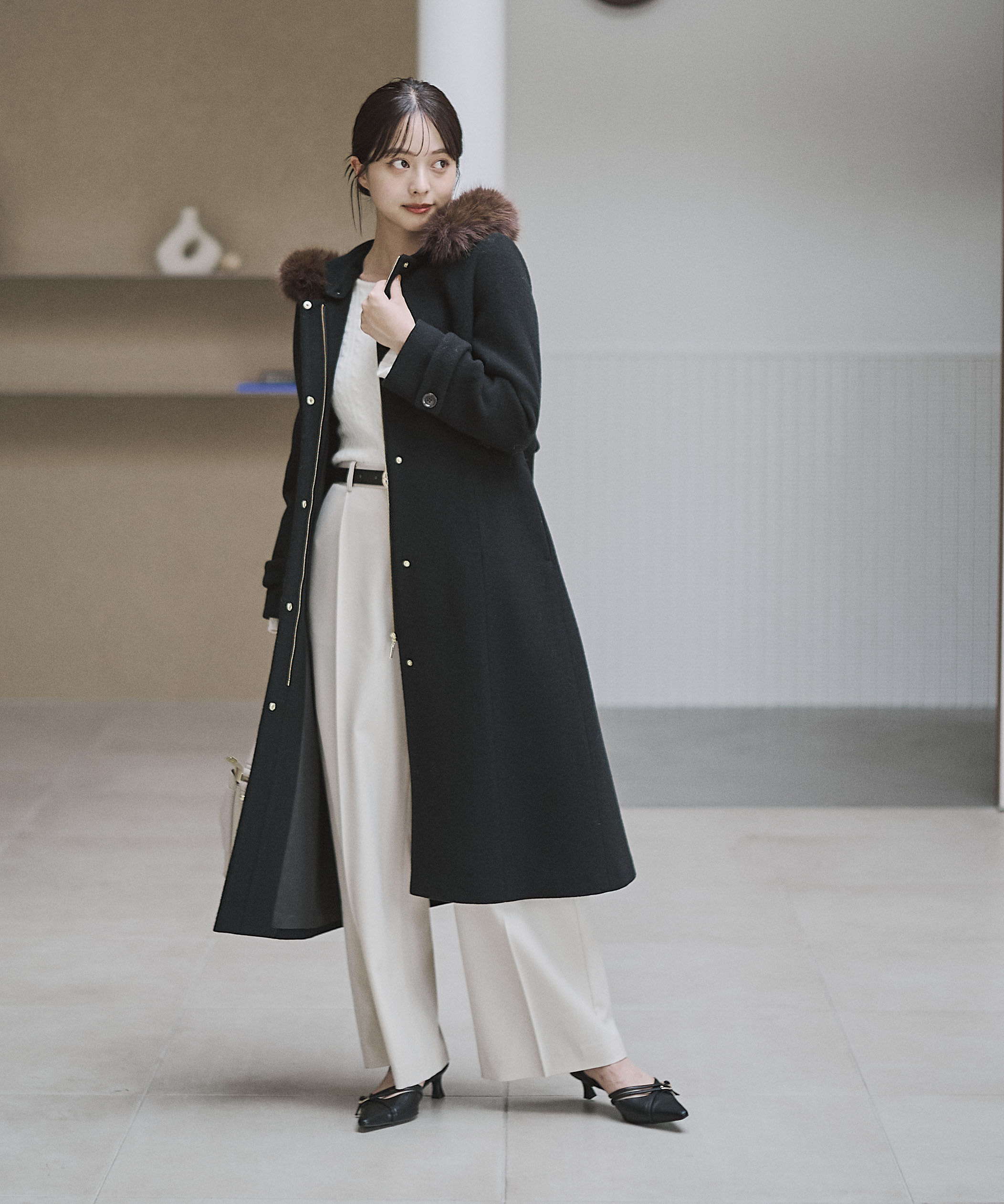 PROPORTION BODY DRESSING「モッサフードフェイクファーロングコート 25AW」|その他|ブラック