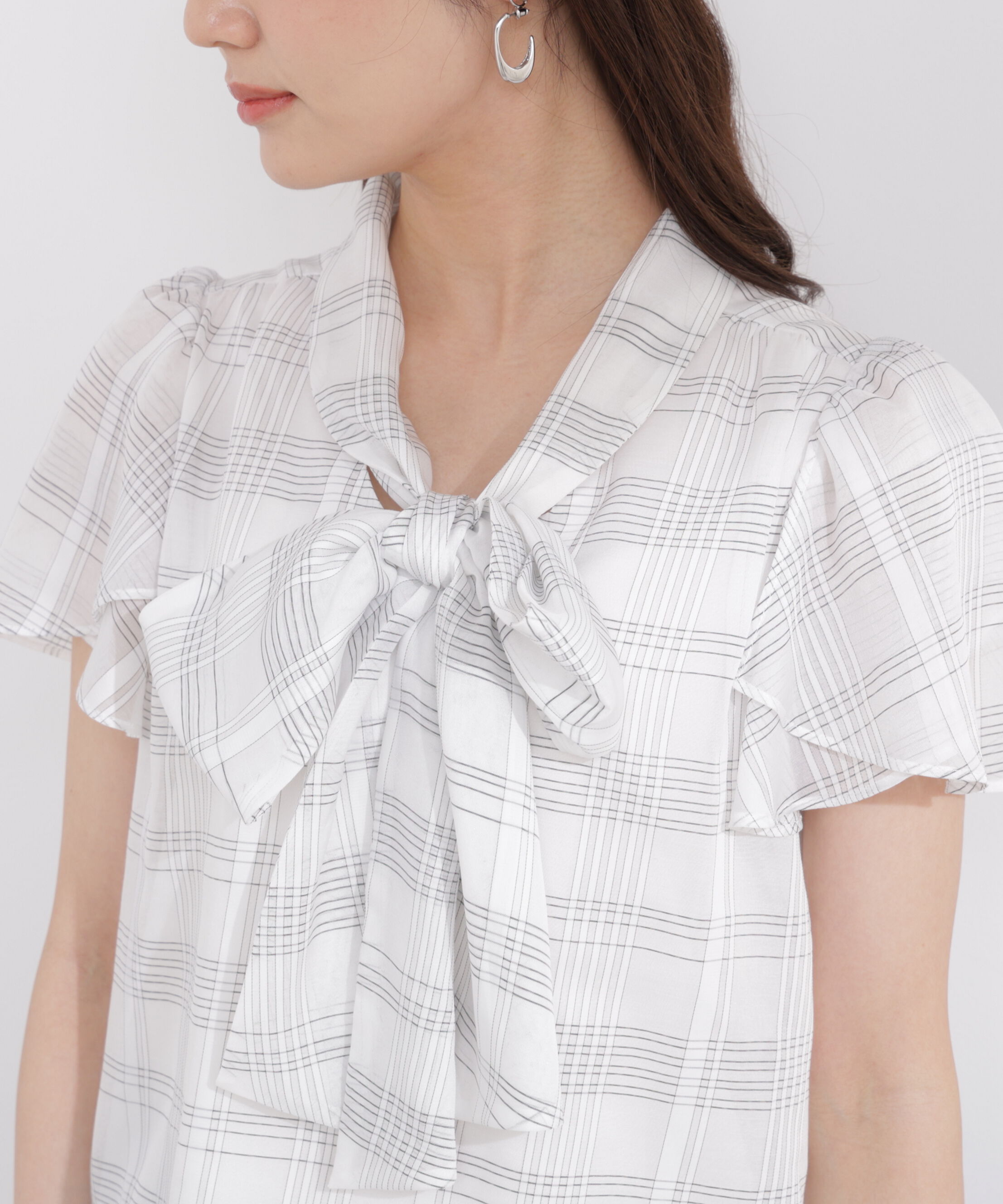 PROPORTION BODY DRESSING「チェックチューリップ袖リボンブラウス 26SS」|シャツ・ブラウス|