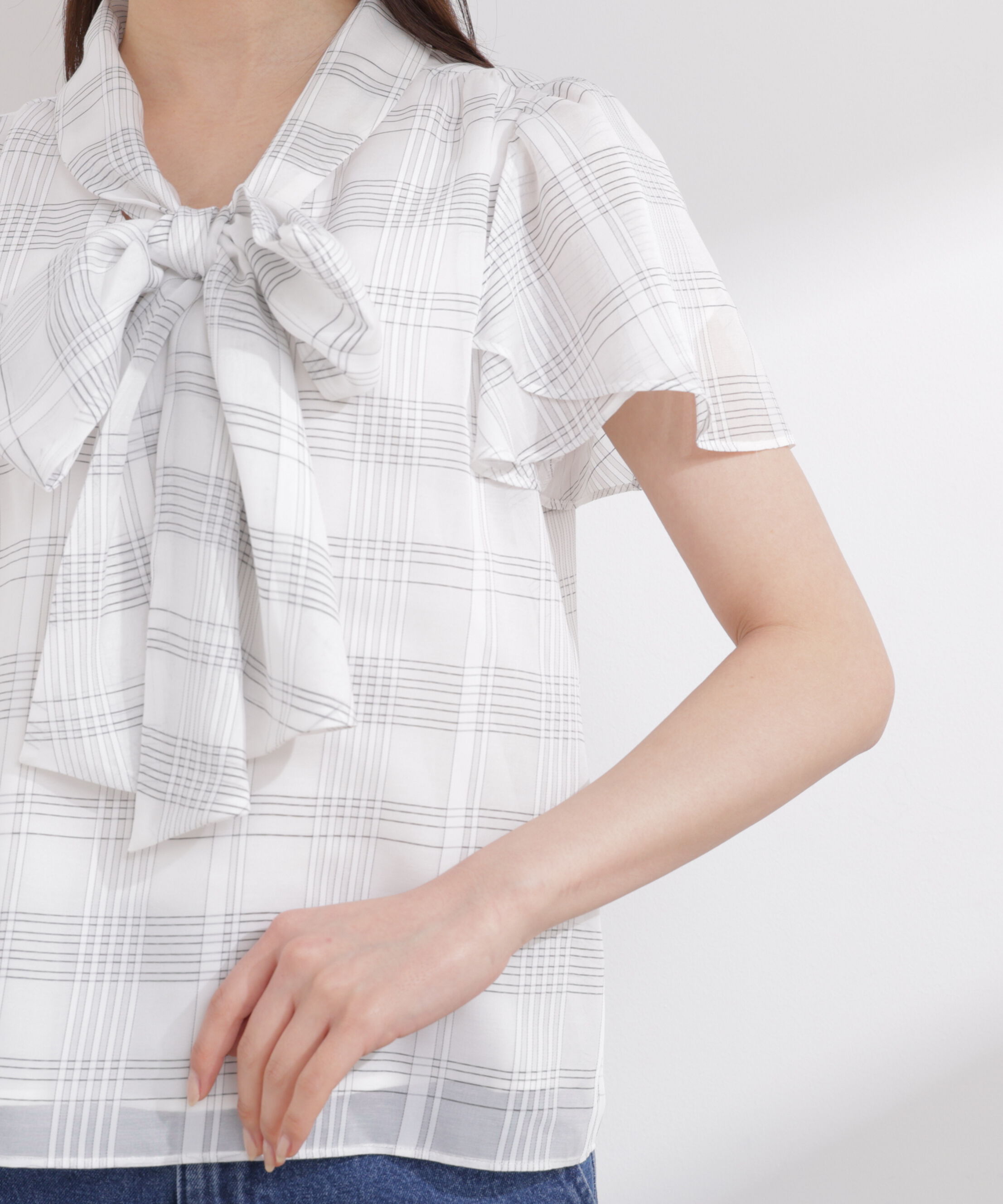 PROPORTION BODY DRESSING「チェックチューリップ袖リボンブラウス 26SS」|シャツ・ブラウス|