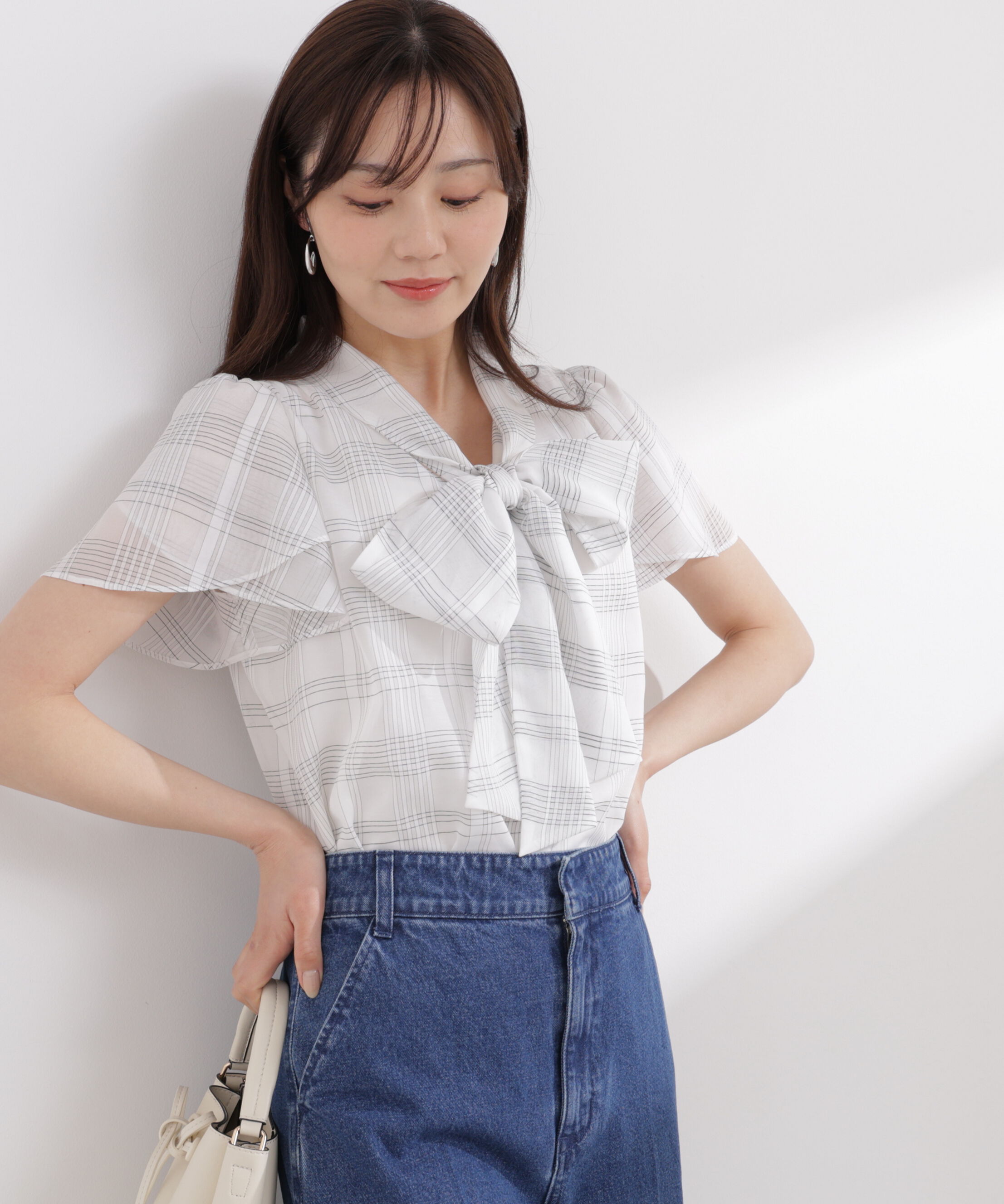 PROPORTION BODY DRESSING「チェックチューリップ袖リボンブラウス 26SS」|シャツ・ブラウス|