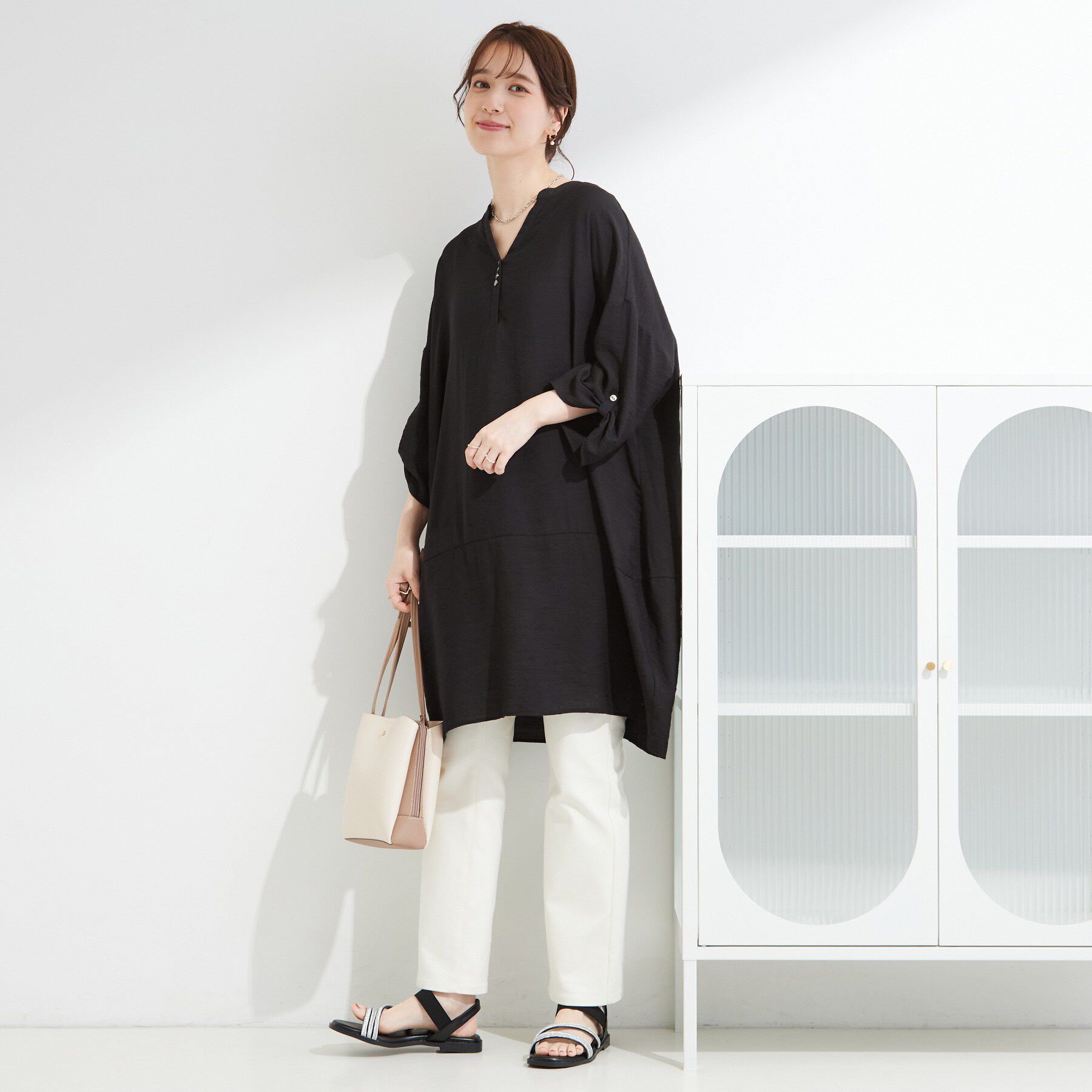 SHOO･LA･RUE「【ひんやり/S-LL/洗濯後しわになりにくい】体型カバーにも ゆるっとリラックス 7分袖チュニック」|ワンピース|