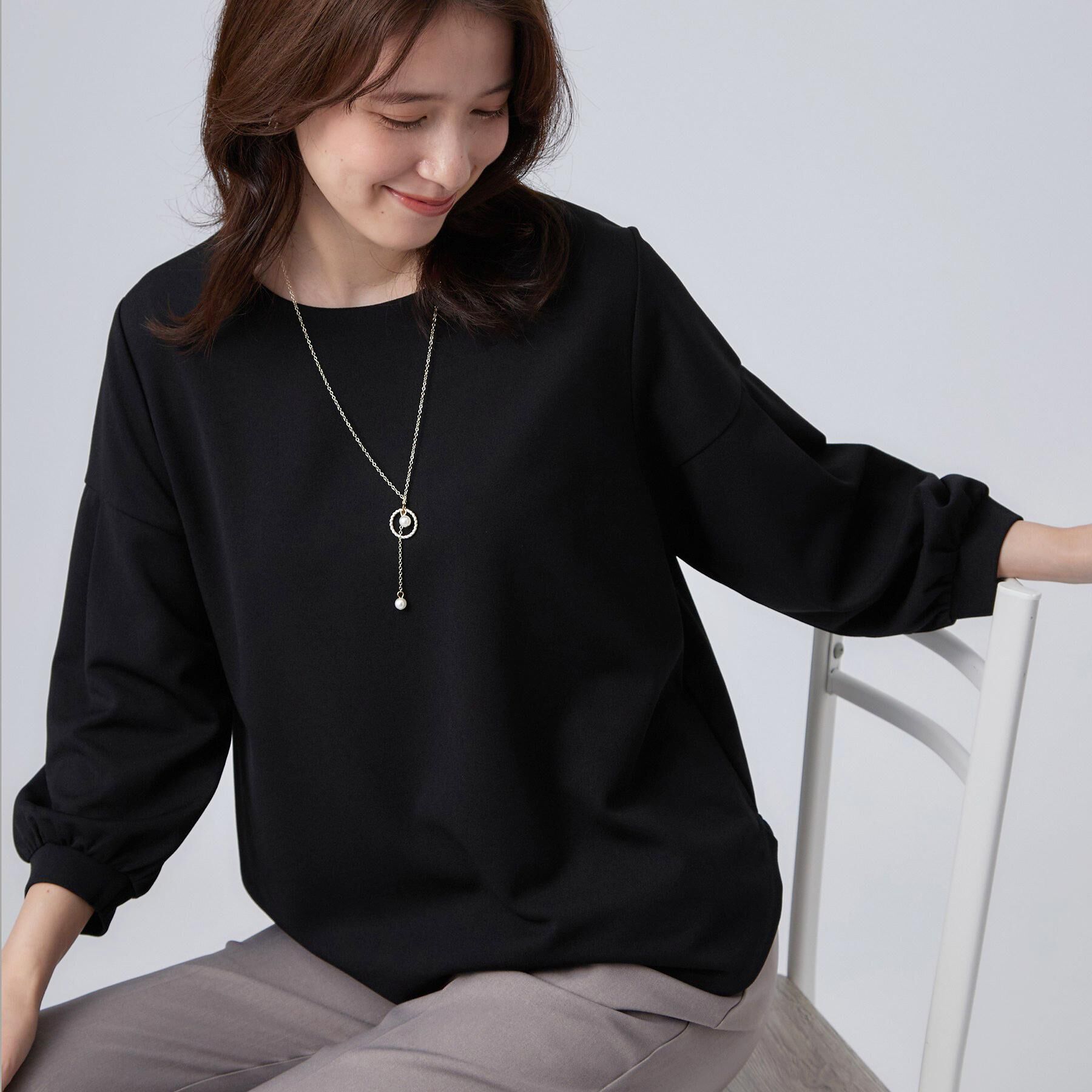 SHOO･LA･RUE「【着丈選べる/2点セット】ネックレス付き やわらか8分袖ブラウス」|Tシャツ・カットソー|ブラック(019)