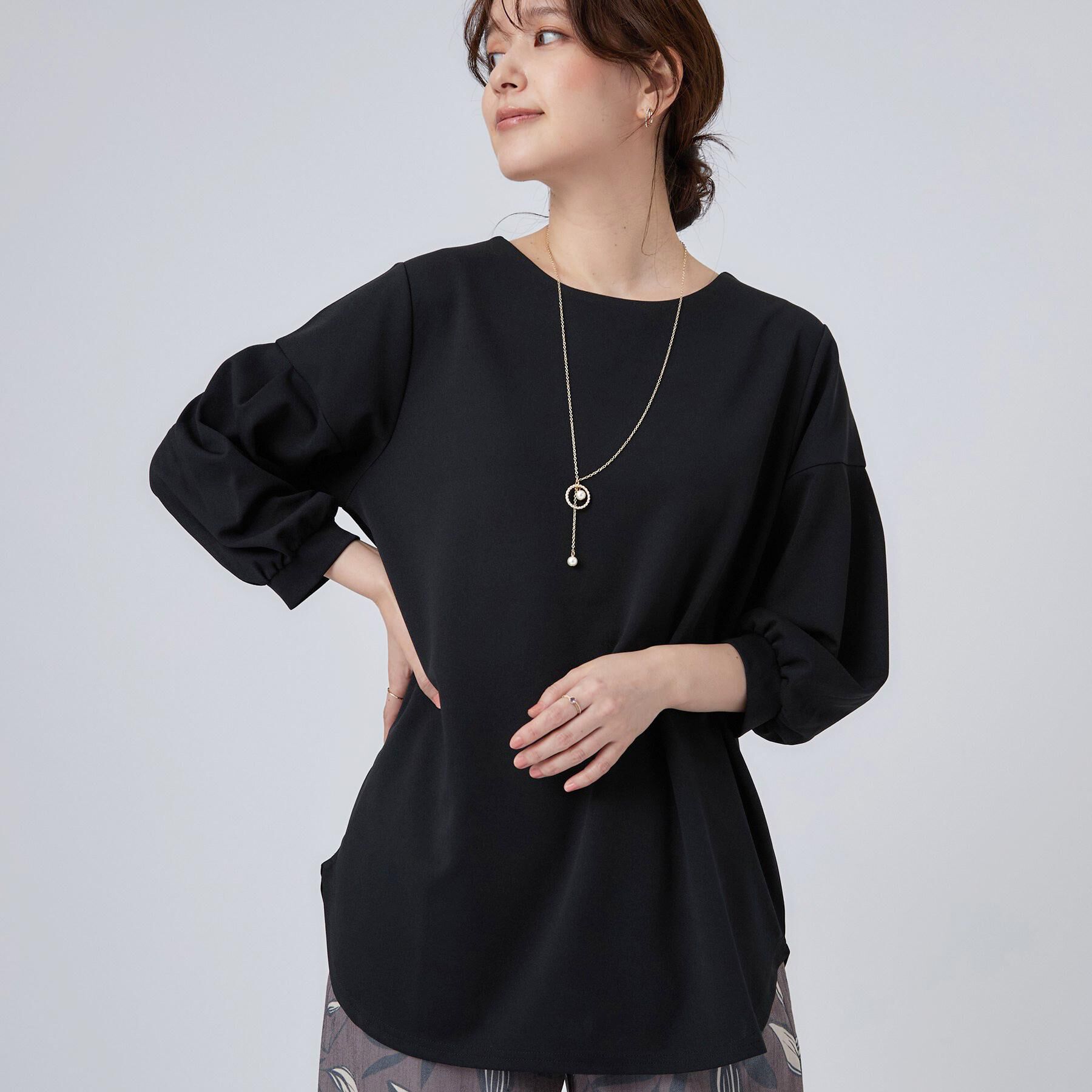 SHOO･LA･RUE「【着丈選べる/2点セット】ネックレス付き やわらか8分袖ブラウス」|Tシャツ・カットソー|ブラックロング(81