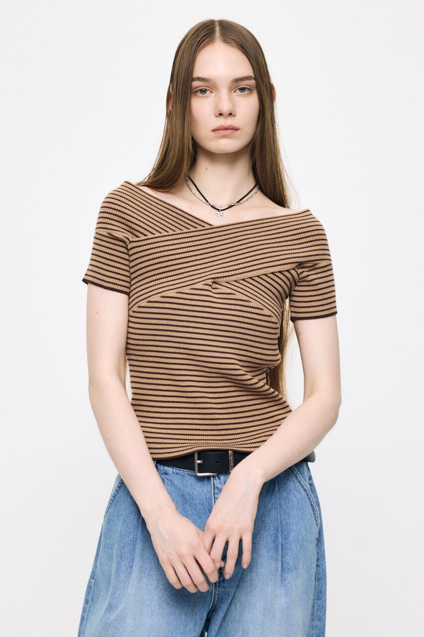 MOUSSY「CROSS OFF SHOULDER トップス」|ニット・セーター|柄BEG5