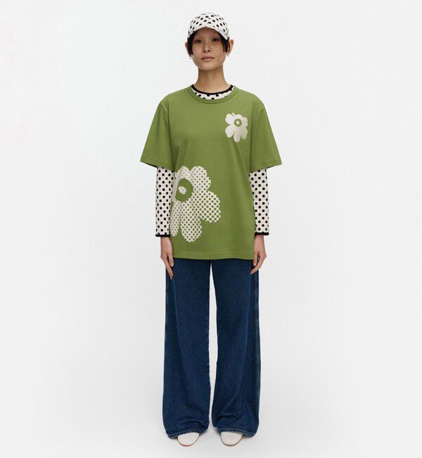 Marimekko「Vihne Unikko Placement Tシャツ」|シャツ・ブラウス|ｸﾞﾘｰﾝ&times;ｵﾌﾎﾜｲﾄ