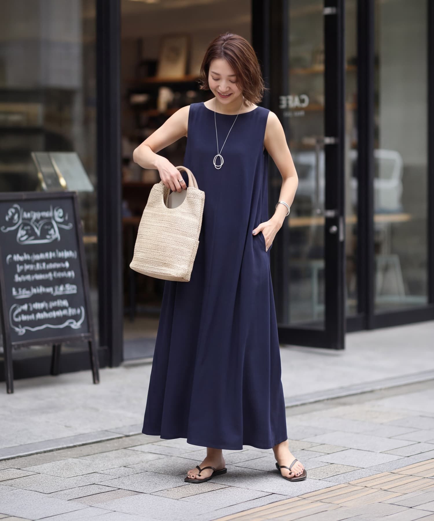 STYLE DELI「サラすべボートネックロングワンピース」|ワンピース|ネイビー