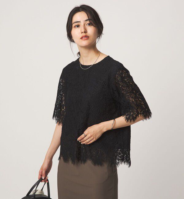 UNITED ARROWS green label relaxing「レース 5分袖 ブラウス」|シャツ・ブラウス|BLACK
