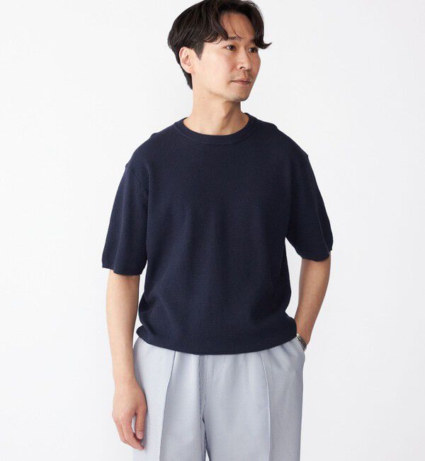 SHIPS「SHIPS:〈手洗い可能〉リネン バスケット ニット Tシャツ」|Tシャツ・カットソー|ネイビー