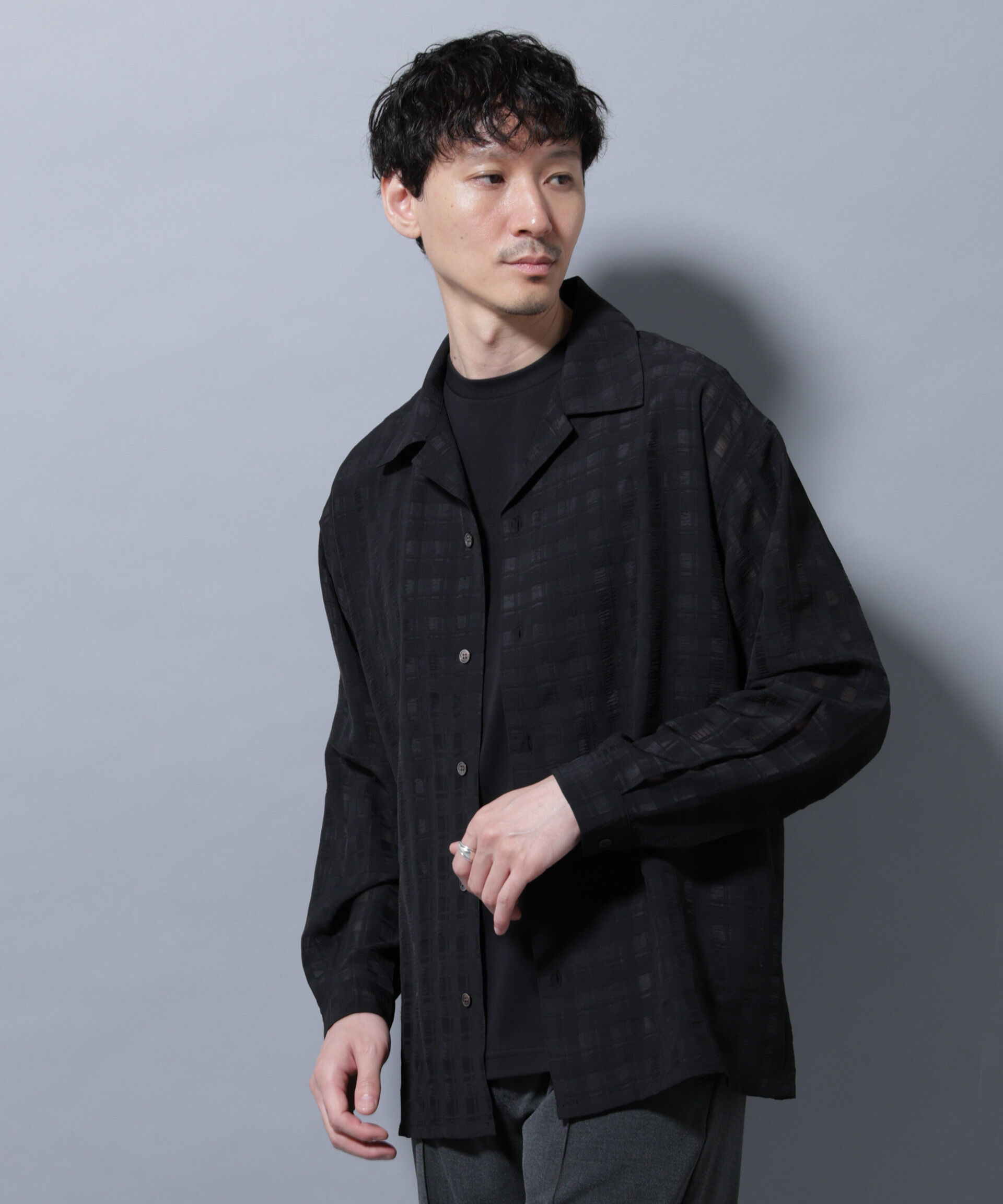 NANO universe「シースルーチェックシャツ 長袖」|シャツ・ブラウス|ブラック