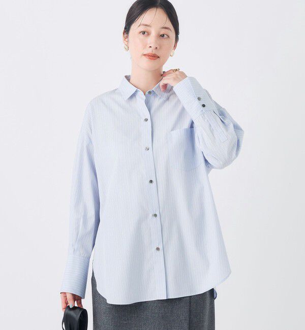 NOLLEY'S sophi「ウォッシャブル120/2ストライプオーバーシャツ」|シャツ・ブラウス|ブルー系1