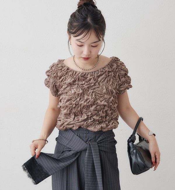  「【新色BRN】《6色展開/伸縮性あり◎》ふわふわシャーリングTシャツ」|Tシャツ・カットソー|