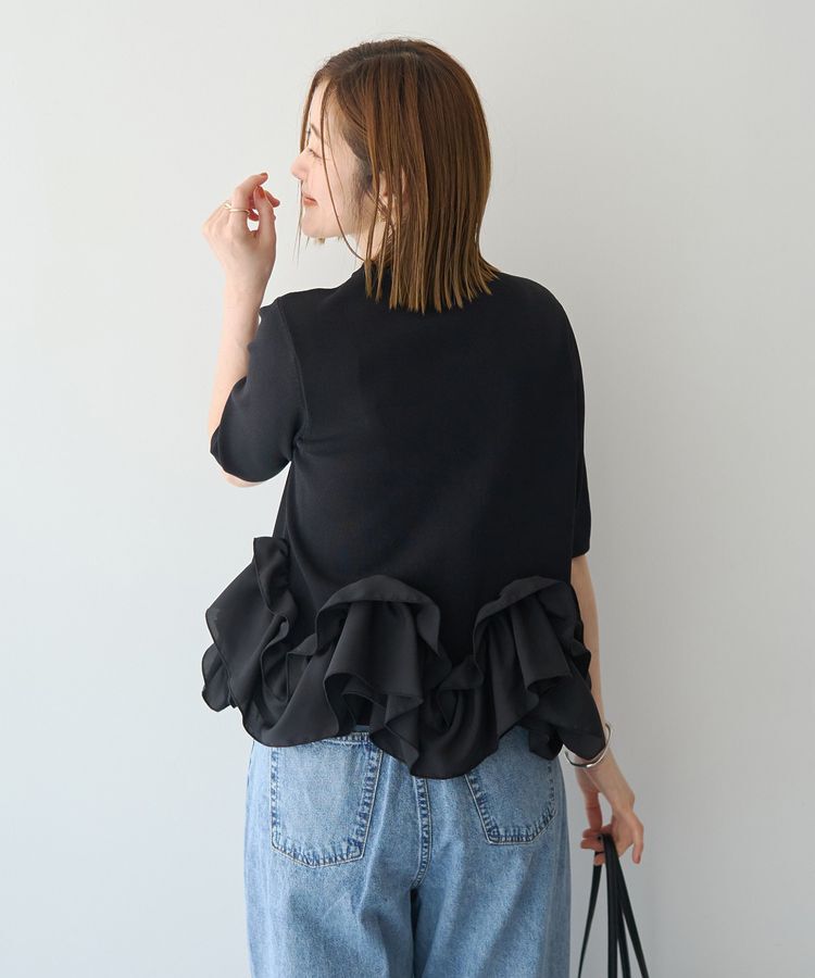 YECCA VECCA「パール釦ラッフル5分袖カーディガン」|カーディガン|