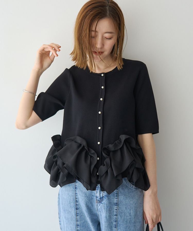 YECCA VECCA「パール釦ラッフル5分袖カーディガン」|カーディガン|Black