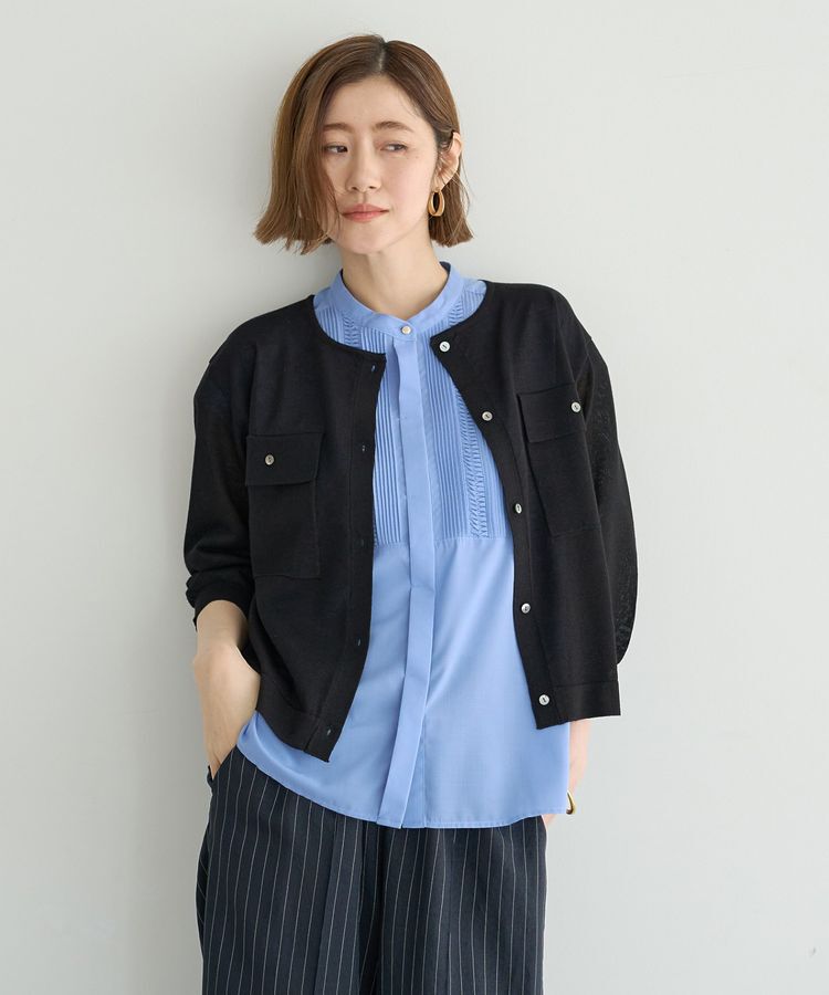 YECCA VECCA「ノーカラー7分袖ポケットカーディガン」|カーディガン|Black