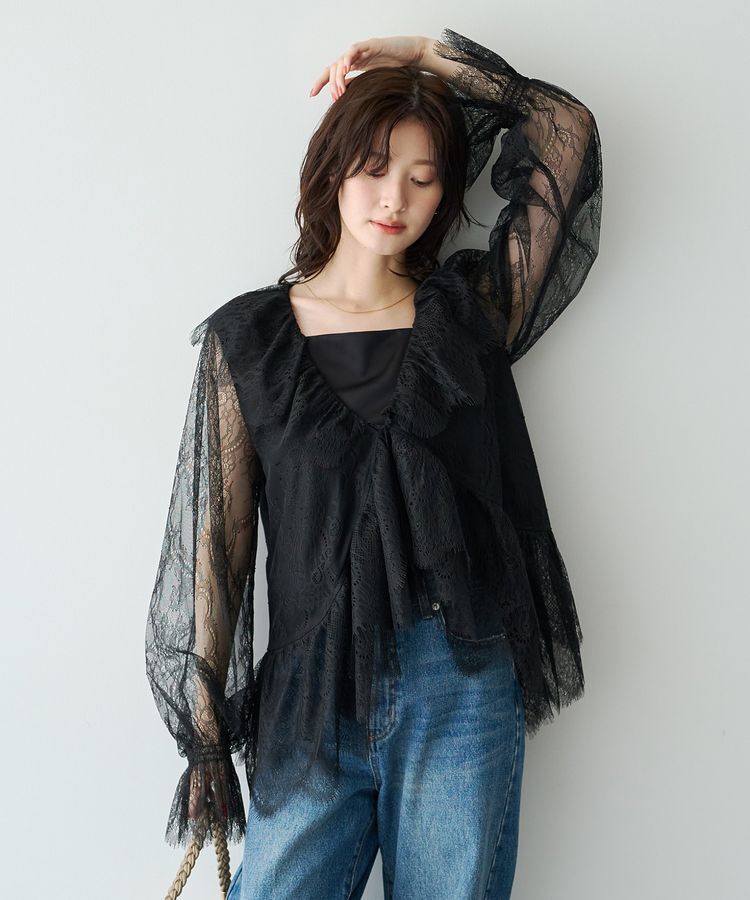 YECCA VECCA「スカラップレースカーディガン」|カーディガン|Black