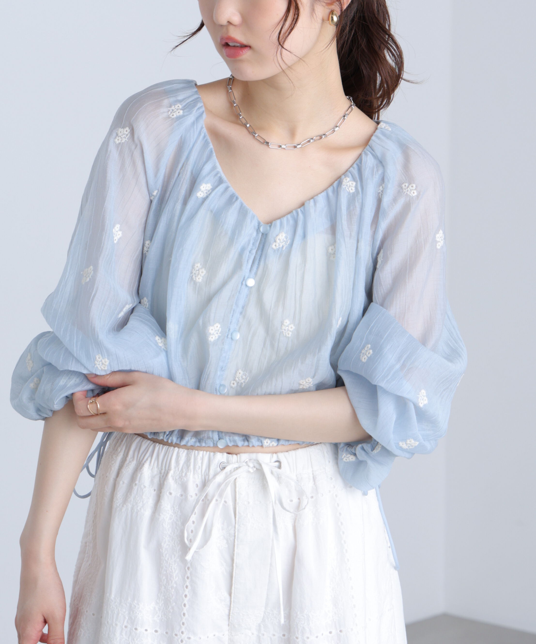  「シアー小花刺繍サイドリボンブラウス」|シャツ・ブラウス|
