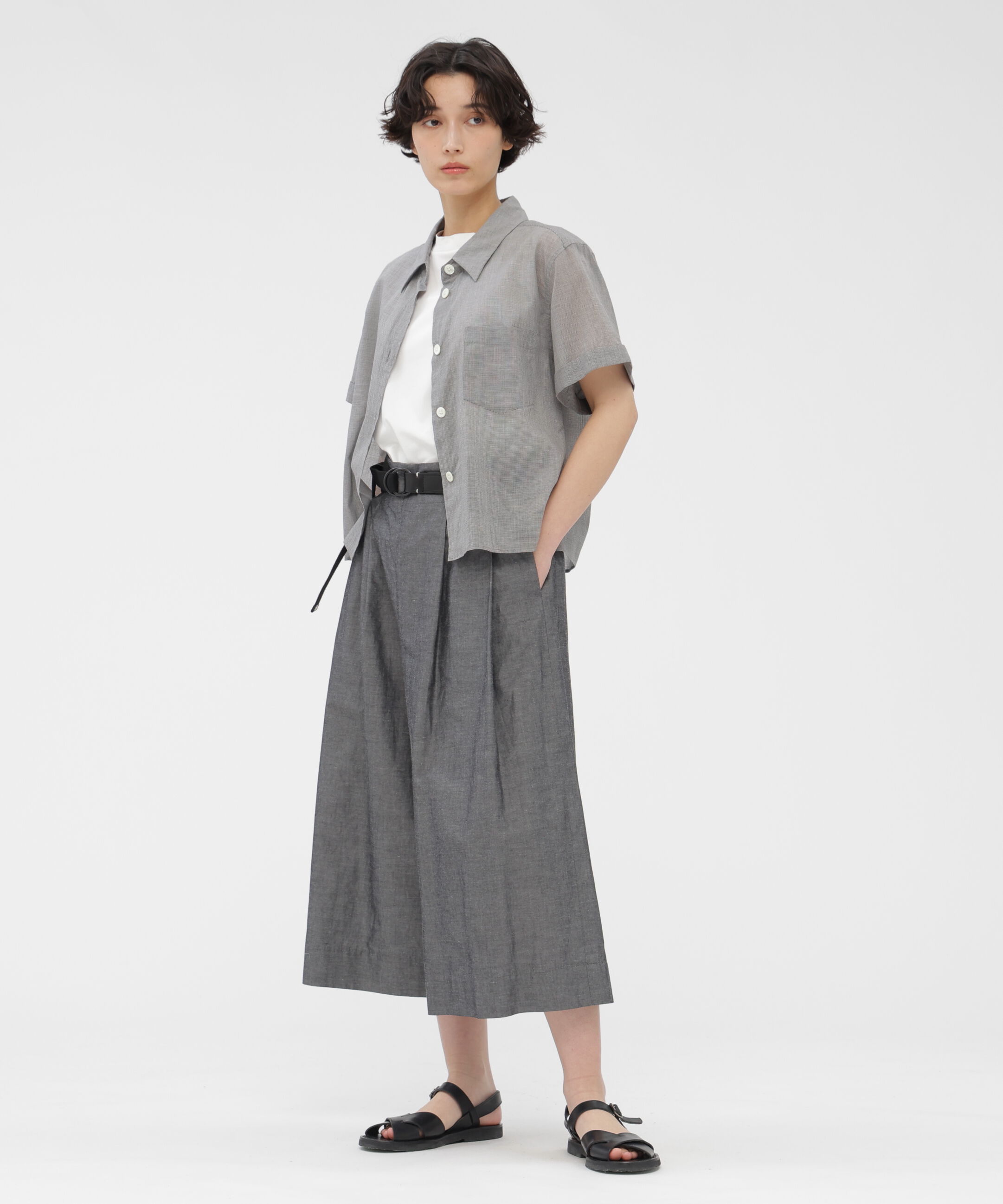  「COTTON RAMIE CHAMBRAY TROUSERS」|キュロット|GREY