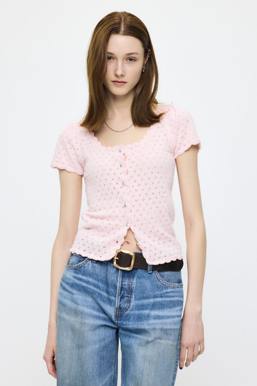 MOUSSY「EYELET BUTTON UP トップス」|ニット・セーター|L/PNK1