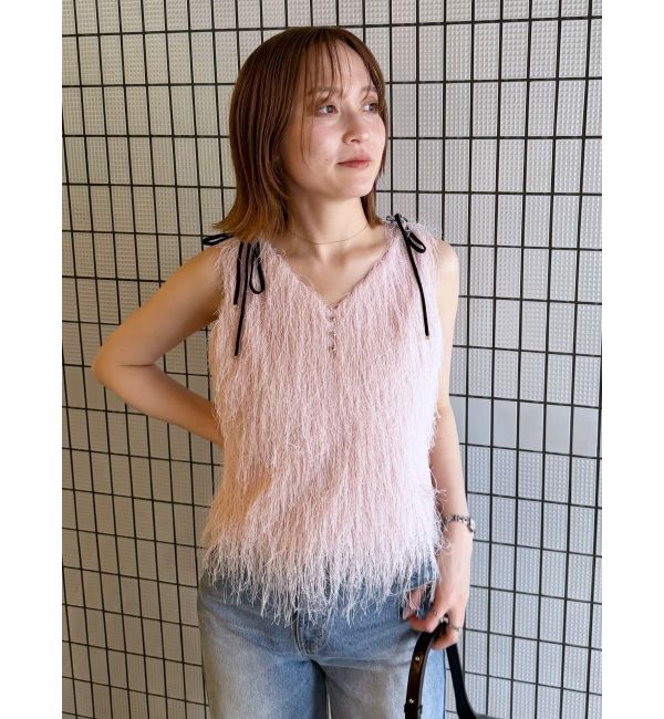 LAGUNAMOON「フェザーVネックリボントップス」|Tシャツ・カットソー|