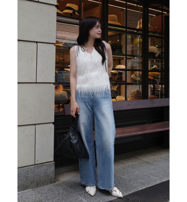 LAGUNAMOON「フェザーVネックリボントップス」|Tシャツ・カットソー|