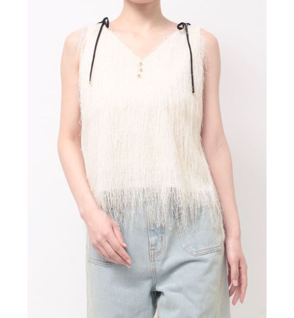 LAGUNAMOON「フェザーVネックリボントップス」|Tシャツ・カットソー|