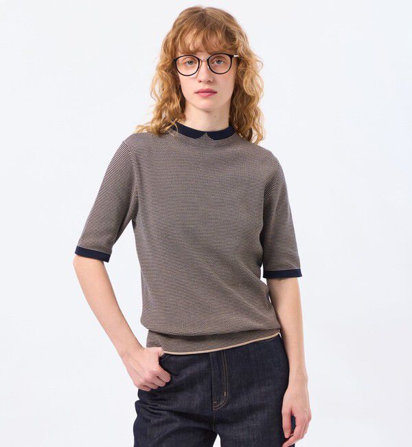 MACKINTOSH PHILOSOPHY「Cleric Collar Knit ハーフスリーブ」|ニット・セーター|ネイビーボーダー