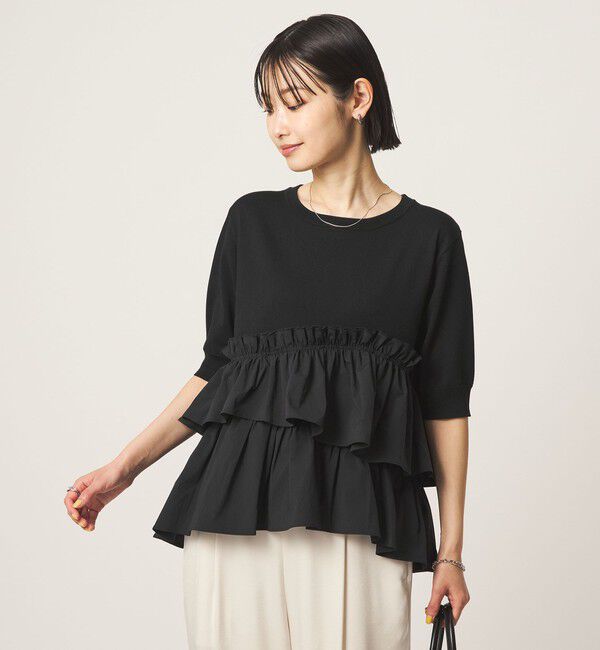 UNITED ARROWS green label relaxing「ティアード ドッキング 5分袖 プルオーバー ニット」|ニット・セーター|