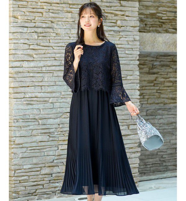 ANY SIS「【Lily Calin】レース&times;プリーツコンビ ドレス」|ドレス|ネイビー