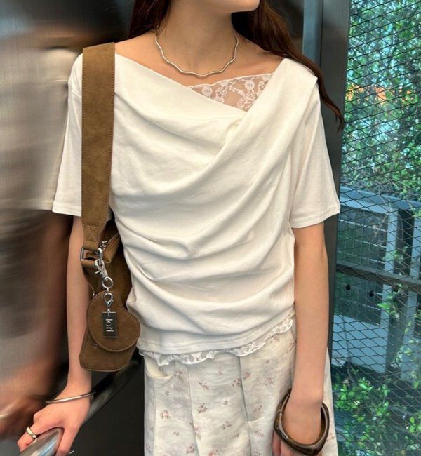  「レースドッキングオフショル半袖Tシャツ」|Tシャツ・カットソー|オフホワイト